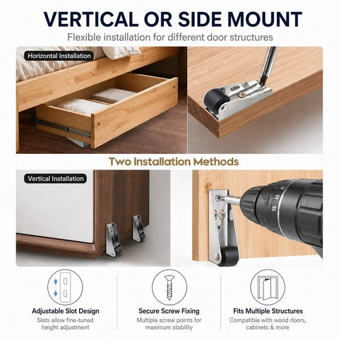 Heavy Duty Vertical Track Roller Wheels For Sliding Barn Doors showing vertical and horizontal installation methods with adjustable slots.