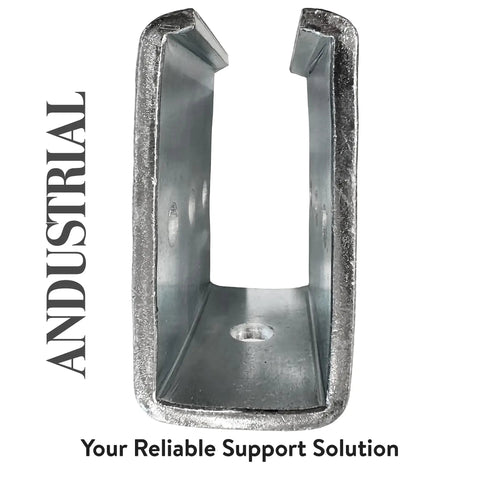 Front view of Beefy Beam Channel Trolley Track Hanger And Joiner Connector Bracket in zinc plated steel for 1-5/8 inch strut