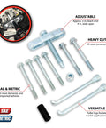 Steering Wheel Remover Kit With SAE And Metric Bolts For 4 Inch Hubs And Late Model Puller Legs Heavy Duty Auto Tool set displayed