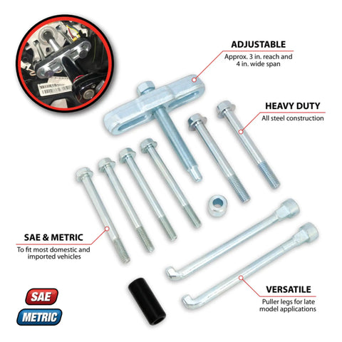 Steering Wheel Remover Kit With SAE And Metric Bolts For 4 Inch Hubs And Late Model Puller Legs Heavy Duty Auto Tool set displayed