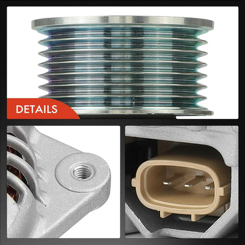 Close-up of 7-groove pulley and connector on Alternator Replacement Fits Nissan Murano 2015 2017, Pathfinder 2013 2017, Infiniti QX60 2014 2016, JX35 2013 3.5L V6, 12V 150A.