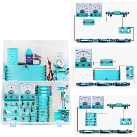 Hands-On Electromagnetism Lab Kit With Electric Bell And Electromagnet Tests, Sliding Rheostat For Brightness Control, Includes Series And Parallel Circuits, Fruit Battery Experiments, Solenoid Projects, And A Hand Crank Generator displayed with circuit components and meters.