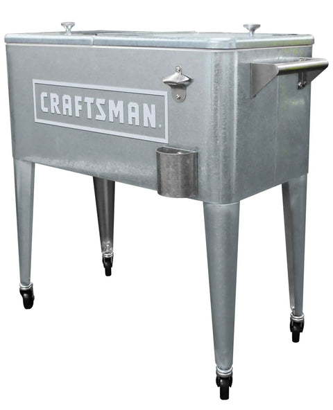 Craftsman Licensed 80-Quart Galvanized Cooler With Wheels For Outdoor Patio Porch Tailgate Ready Ice Chest Ideal For Worksites And Backyard Parties For Every Outdoor Gathering And Event with metal body and casters