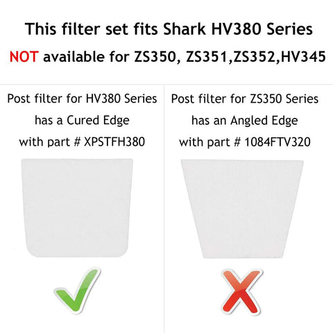 Comparison of post filters for HV380 and ZS350 series with visible filter shapes and part numbers XPSTFH380, 1084FTV320
