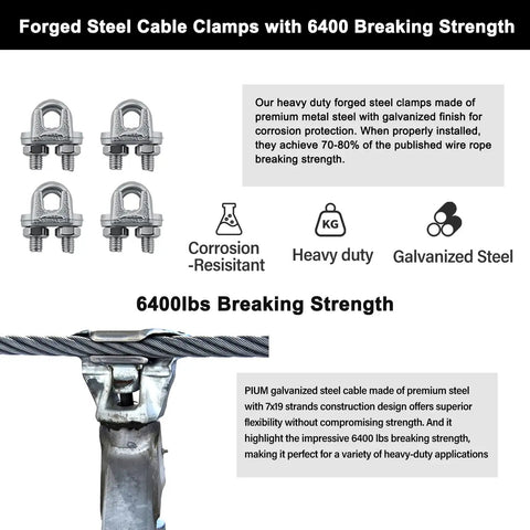 Heavy Duty 1 Quarter Inch Galvanized Steel Cable Kit With 50 Ft 7x19 Aircraft Wire Rope Loops Clamps And Thimbles For Zipline Boat Lift Outdoor Use Built Tough 6400 Lbs Breaking Strength displayed with clamps and text about corrosion resistance and strength