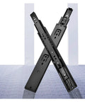 Heavy Duty Drawer Rails With Smooth Glide Steel 3 Way Slide System For Full Extension Three Section Drawers 8 To 22 Inch Adjustable Furniture Rails Two Pack 20 Inch Long shown crossed on a reflective surface.