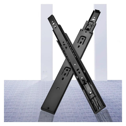 Heavy Duty Drawer Rails With Smooth Glide Steel 3 Way Slide System For Full Extension Three Section Drawers 8 To 22 Inch Adjustable Furniture Rails Two Pack 20 Inch Long shown crossed on a reflective surface.