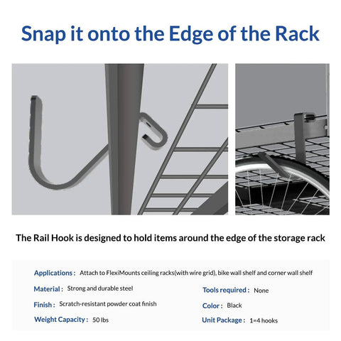 4 Pack Add On Storage Rail Hook Accessory For Ceiling Rack And Wall Shelving Systems 100 Lbs Tested 50 Lbs Rated Per Hook