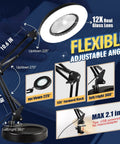 12X Magnifying Glass With Light And Stand For Crafts And Reading showing flexible adjustable angles and USB power option
