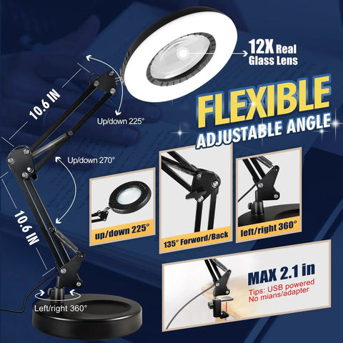 12X Magnifying Glass With Light And Stand For Crafts And Reading showing flexible adjustable angles and USB power option