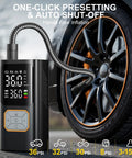 Portable Tire Inflator Air Compressor With 150 PSI Cordless Car Tire Pump Digital Pressure Gauge next to car wheel