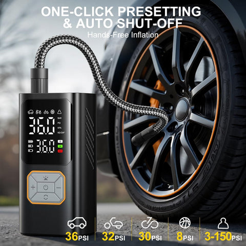 Portable Tire Inflator Air Compressor With 150 PSI Cordless Car Tire Pump Digital Pressure Gauge next to car wheel