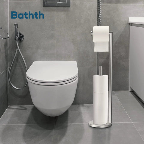 Brushed Nickel Free Standing Toilet Paper Holder Stand with space for one in use roll and three spare rolls in modern bathroom.