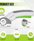 WorkPro Cordless Electric Scissors Rechargeable Power Rotary Cutter For Fabric Leather Metal Paper And Carpet Heavy Duty DIY Tool Easy Grip Ergonomic Design showing size details and battery specifications.