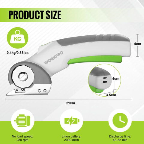 WorkPro Cordless Electric Scissors Rechargeable Power Rotary Cutter For Fabric Leather Metal Paper And Carpet Heavy Duty DIY Tool Easy Grip Ergonomic Design showing size details and battery specifications.