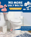 Pink Flamingo Toilet Bolt Covers Set With 2 Ceramic Flamingo Caps and 4 Universal Toilet Screw Cover Caps installed on toilet