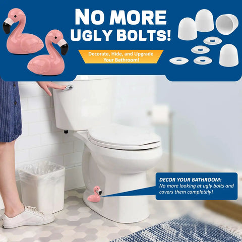 Pink Flamingo Toilet Bolt Covers Set With 2 Ceramic Flamingo Caps and 4 Universal Toilet Screw Cover Caps installed on toilet