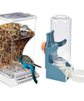 No Sweat Automatic Bird Feeder And Waterer Set With Gravity Fed System, featuring a seed dispenser and water bottle for small birds.
