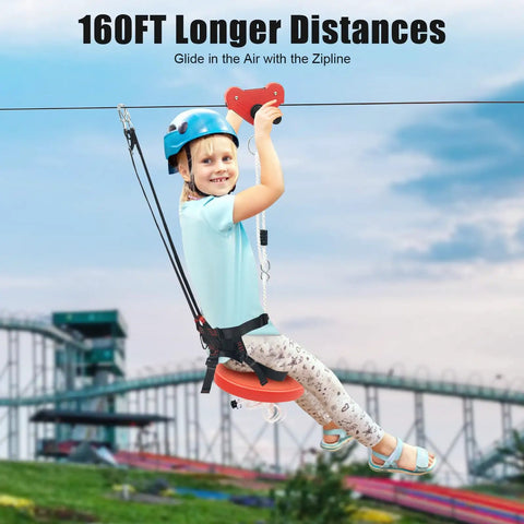 Child riding on Dope Backyard Zip Line Kit, 160 Feet Long, Heavy Duty 5mm Cable, Supports Up To 330 Lbs, outdoor use