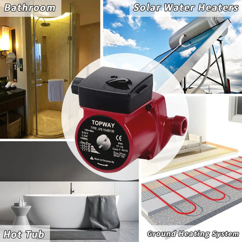 Three Quarter Inch Outlet Hot Water Recirculating Pump for Water Heater System, 110 To 120V, shown in various home settings