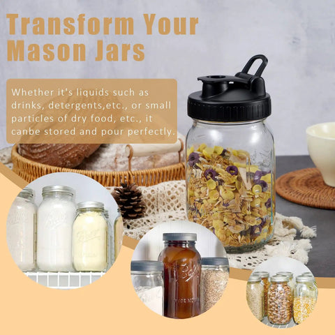 Total Game Changer Pour Spout Lids For Regular Mouth Mason Jars Heavy Duty Flip Caps Leak Proof Rubber Seal Zero Mess Liquid Dispenser For Coffee Tea Salad Dressing And Smoothies Black Four Piece Set