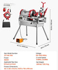 Top Tier 900W Electric Pipe Threader Machine With Foot Pedal, shown with cutting tools and dimensions, suitable for plumbing tasks.