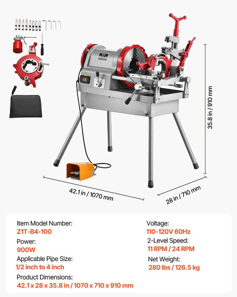 Top Tier 900W Electric Pipe Threader Machine With Foot Pedal, shown with cutting tools and dimensions, suitable for plumbing tasks.