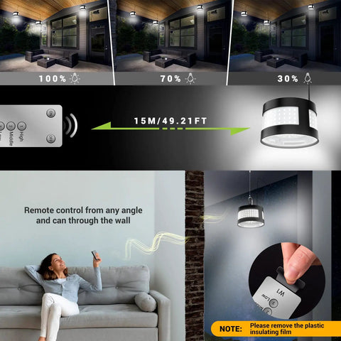 160 LED Outdoor Solar Lights Waterproof No Fuss Hang Pendant With Remote Hook And 16Ft Cable Dusk To Dawn Solar Security Flood Lights demonstration with remote control usage.