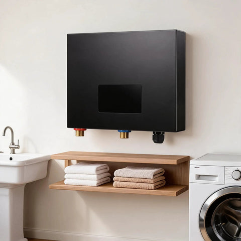 Heavy Duty 27Kw Tankless Water Heater Pumps Out Instant Whole Home Hot Water With Smart Self Regulating Tech mounted above towels.