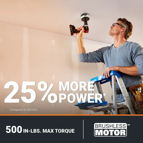 Man using Nitro 20V Cordless Drill Driver Workhorse with Battery Included Half Inch Chuck Ratcheting Brushless Motor.