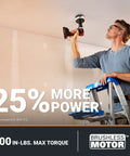 Man using Nitro 20V Cordless Half Inch Drill Driver With Brushless Motor, 6 inches long, on ladder; 25% more power text overlay.