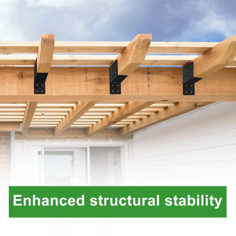 Heavy Duty 4 Pack Post Caps Tie Bracket For 4x4 And 4x6 Posts Black Joist Anchor Connector 14 Gauge Joist Hanger Brackets installed on wood structure
