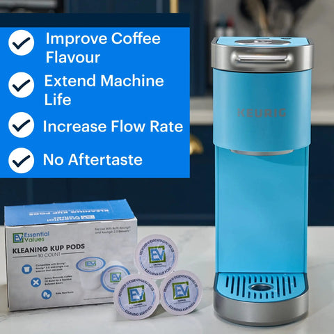 Blue Keurig coffee maker with Keurig Descaling Solution Cleaning Pods 10 Pack for Keurig Coffee Makers Descaler Kit shown.