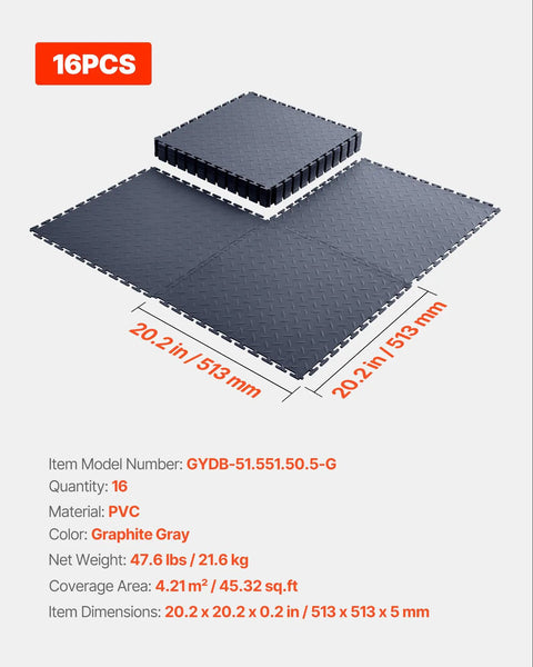 Interlocking Garage Floor Tiles 16 Pack, Diamond Plate Texture Non Slip PVC Floor Mats, 20.2x20.2x0.2 Inches, Graphite Gray, Quiet, Durable, DIY Friendly, Easy Install for Garages, Workshops, and Warehouses, 16 tiles shown