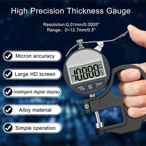 Digital Thickness Gauge 0 To 12.7mm And 0.5In With 0.01mm 0.0005In Resolution, Easy Read LCD, Ultra Precise Thickness Meter For Paper Film Leather And Wire, Great For Printing Press Settings Black, alloy handheld digital gauge with LCD display