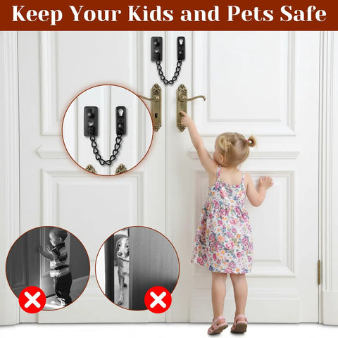 Heavy Duty Stainless Steel Door Chain Lock With Spring Loaded Push Button Latch installed on white double doors