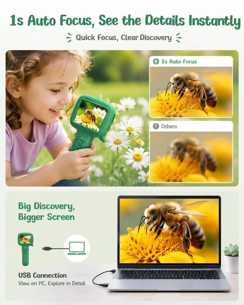 2 In 1 Kids Microscope Camera Handheld Pocket Digital Scope With Autofocus 1000x Magnification And 16x Zoom Dope STEM Toy For Insects Plants Coins Jewelry Stamps Perfect Gift For Curious Kids, child viewing a bee