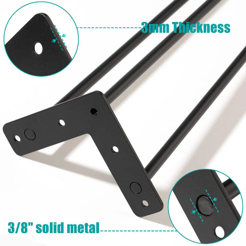 Close-up of 3/8 inch solid metal 30 Inch Hairpin Table Legs Set Of 4 Beefy Heavy Duty Diy Furniture Legs, satin black finish, pre-drilled.