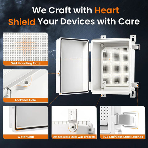 Heavy Duty Outdoor Junction Box Waterproof Electrical Enclosure IP67 with grid mounting plate and stainless steel latches.