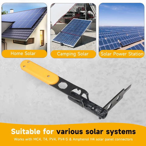 Universal MC4 Disconnect Tool 6-In-1 Wrench with solar panel visuals for home, camping, and solar power station use