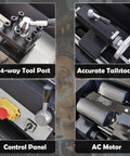 Close-up of 4-way tool post and accurate tailstock on No Sweat Heavy Duty Metal Bench Lathe With Muscle Bound High Torque Motor.
