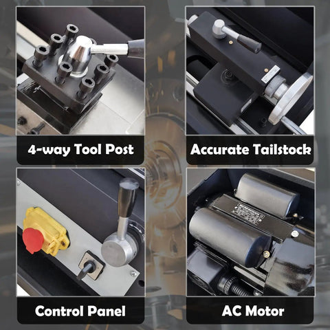 Close-up of 4-way tool post and accurate tailstock on No Sweat Heavy Duty Metal Bench Lathe With Muscle Bound High Torque Motor.