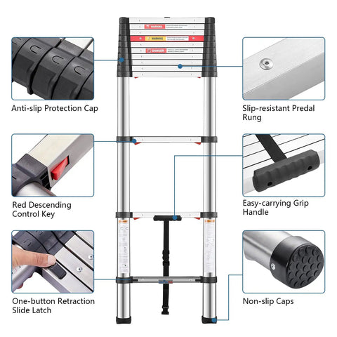 Twelve And A Half Foot Telescoping Ladder With One Button Retraction Thickened Tube For Extra Stability Slow Down Design features