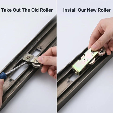 Heavy Duty Two Pack Sliding Patio Door Rollers 1-1/4 Inch Steel Ball Wheels Tandem Roller Kit being installed on a track.
