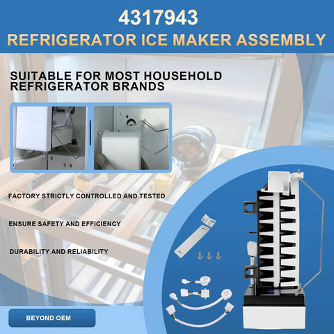 Upgraded 4317943 Refrigerator Ice Maker Assembly Replacement for multiple major brands with easy plug and play install shown