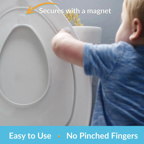Child interacting with NextStep2 Toilet Seat With Built In Potty Training Seat Slow Close Removable That Never Loosens Round White