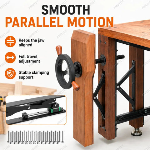Built Like A Tank Workbench Leg Vise Assembly With 30Mm Steel Screw And 175Mm Handwheel For Quick Full Stroke Clamping On Custom Garage Benches Matte Silver Trim showing smooth clamping mechanism and handwheel.