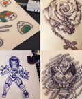 Tattoo Practice Skin Kit With Transfer Paper 66-Piece Set Including Fake Skins, design examples of rose, sushi, and character art.