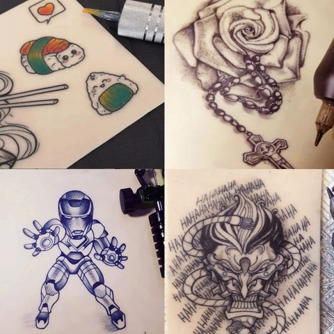 Tattoo Practice Skin Kit With Transfer Paper 66-Piece Set Including Fake Skins, design examples of rose, sushi, and character art.