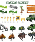 Epic Race Track Dino Adventure Kit With Flexible Tracks 2 Electric Cars And 4 Dino Cars package contents displayed